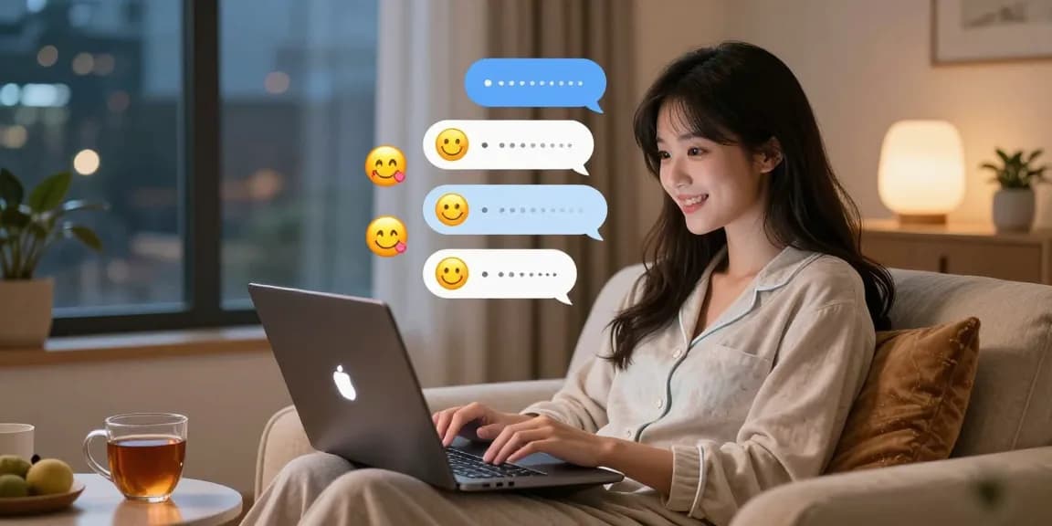 Engaging in ai spicy talk with a playful AI companion in a cozy virtual chat setting.